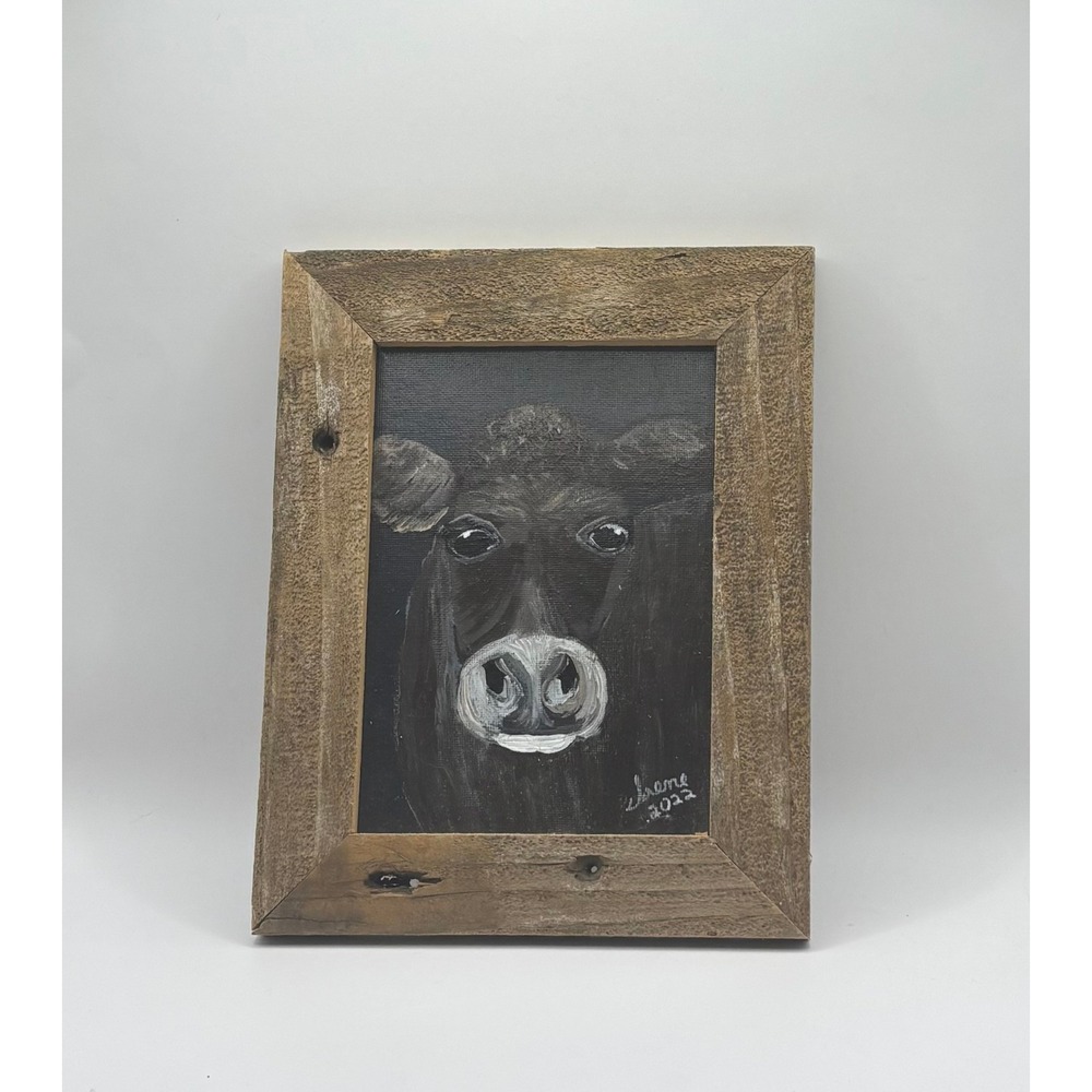 Original Cow Oil Painting Signed Irene 2022 Handcrafted Rustic Reclaimed‎ Frame